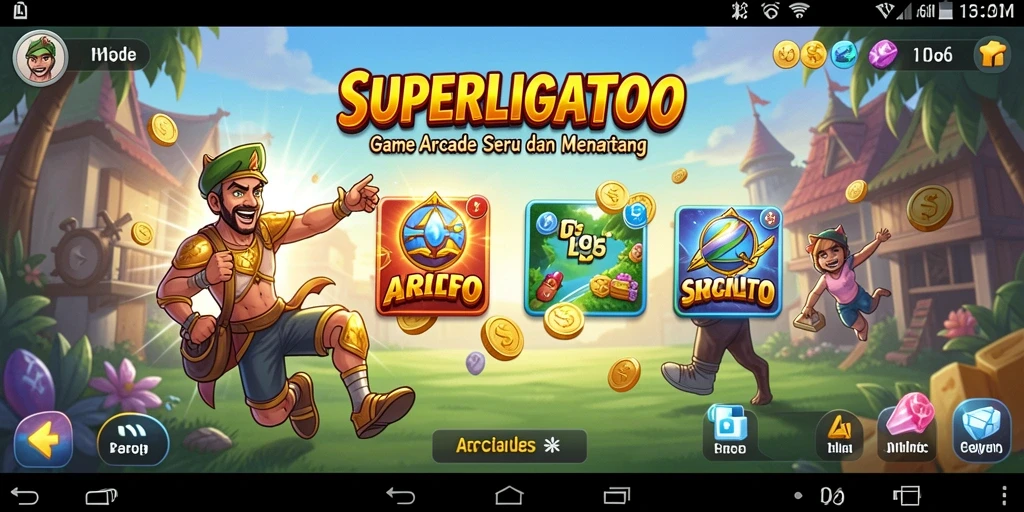 Antarmuka pengguna menarik dalam SUPERLIGATOTO yang menggambarkan pengalaman Arcade.
