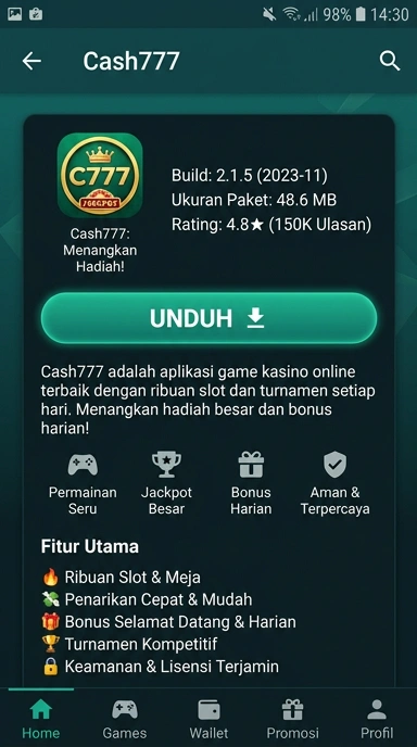 Tampilan halaman APK cash777