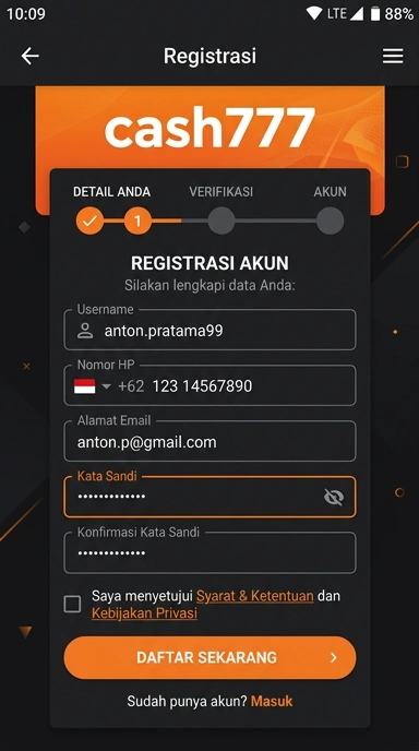 Tampilan halaman daftar cash777